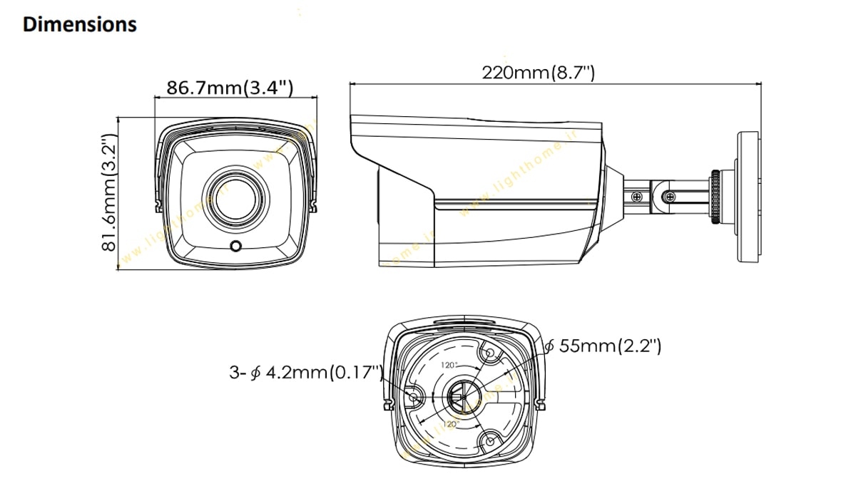 ابعاد بدنه دوربین مدار بسته هایک ویژن DS-2CE16D0T-IT5