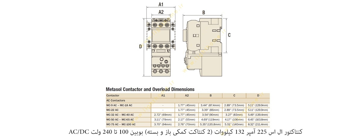 کنتاکتور ال اس 225 آمپر 132 کیلووات (2 کنتاکت کمکی باز و بسته) بوبین 100 تا 240 ولت AC/DC