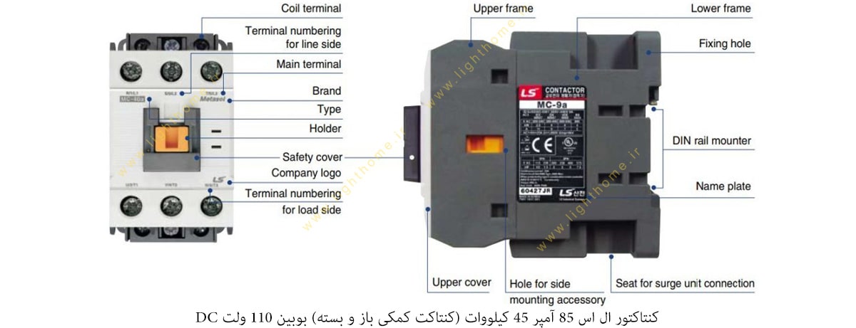 کنتاکتور ال اس 85 آمپر 45 کیلووات (کنتاکت کمکی باز و بسته) بوبین 110 ولت DC