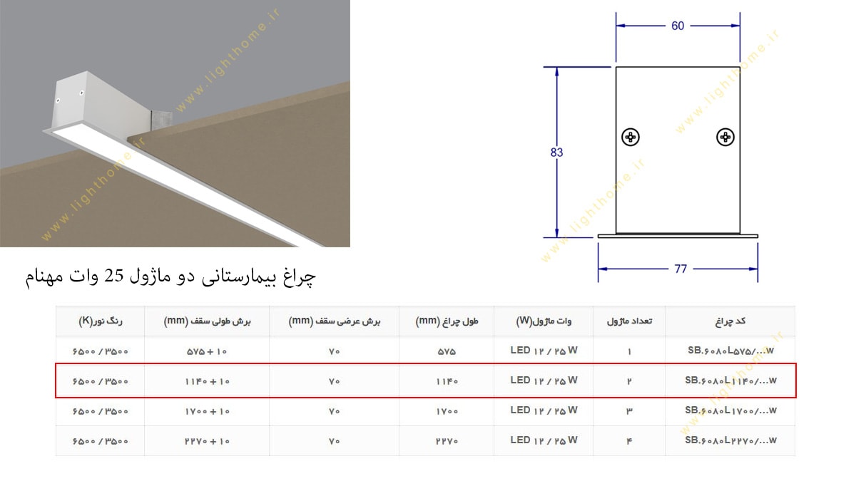 چراغ بیمارستانی خطی دو ماژول LED توکار 25 وات مهنام مدل سیلا SB6080L1140