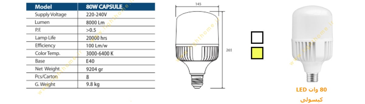 لامپ ال ای دی کپسولی 80 وات بالاستیران
