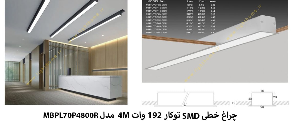 چراغ خطی SMD توکار 192 وات 4M مدل MBPL70P4800R