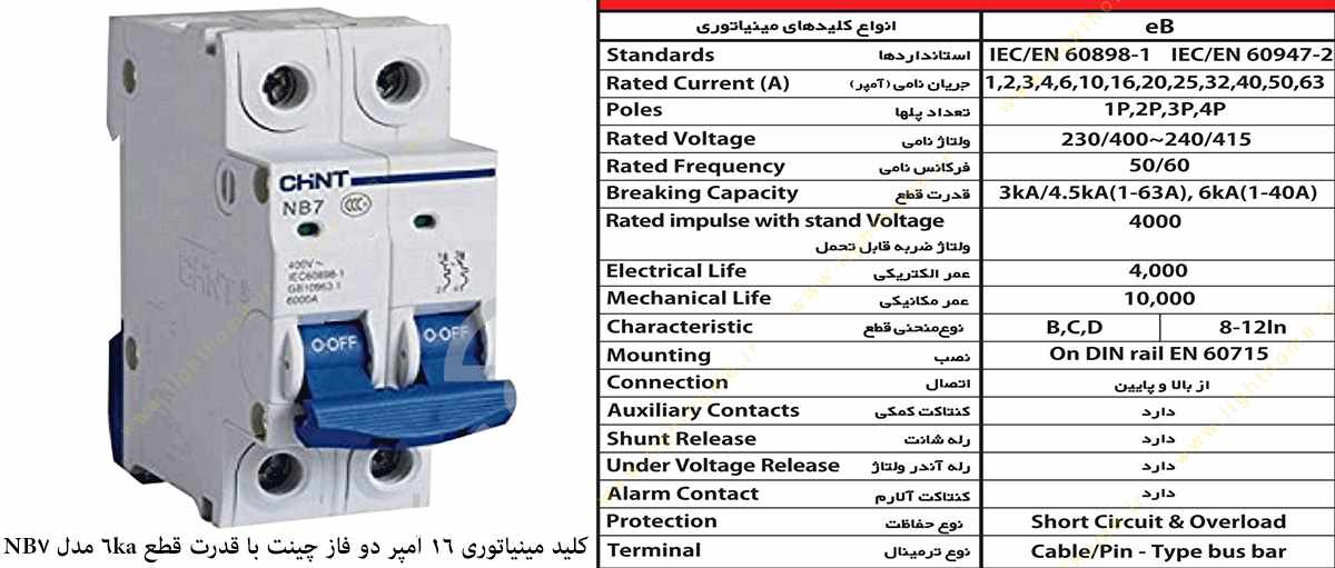 کلید مینیاتوری 16 آمپر سه فاز چینت با قدرت قطع 6 کیلو آمپر مدل NB7