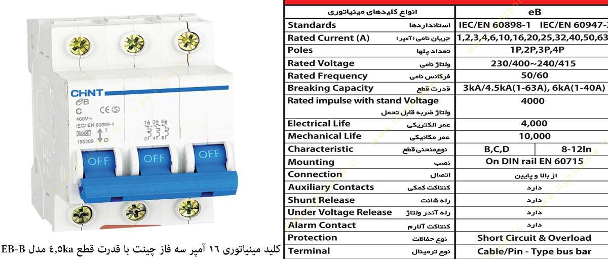 کلید مینیاتوری 16 آمپر سه فاز چینت با قدرت قطع 4.5 کیلو آمپر مدل EB