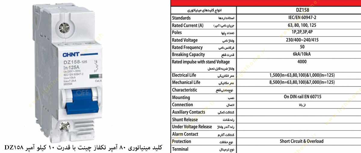 کلید مینیاتوری 80 آمپر تکفاز چینت با قدرت 10 کیلو آمپر مدل DZ158