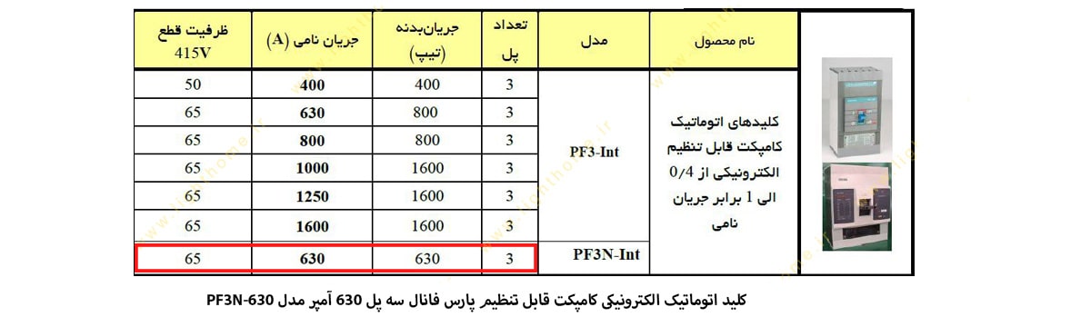 کلید اتوماتیک الکترونیکی پارس فانال مدل کامپکت قابل تنظیم 630 آمپر سه پل PF3N-630