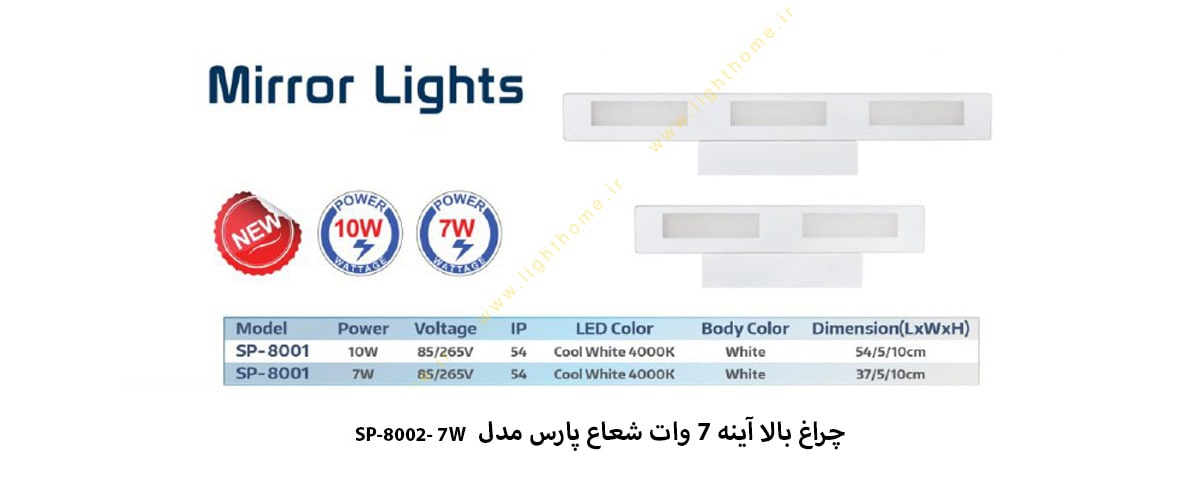 چراغ بالا آینه 7 وات شعاع پارس مدل SP-8002-7W