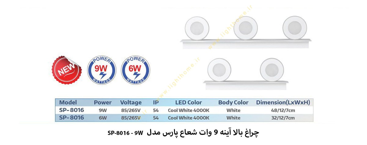 چراغ بالا آینه 9 وات شعاع پارس مدل SP-8016-9W