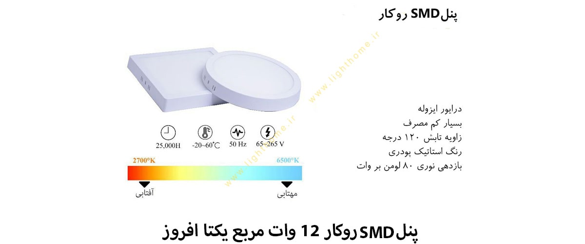 پنل SMD روکار 12 وات مربع یکتا افروز