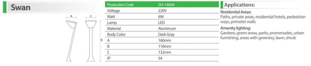 چراغ پارکی دیواری 6 وات ال ای دی شعاع مدل sh-14604