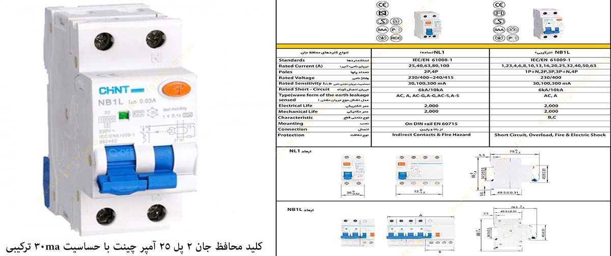 کلید محافظ جان 2 پل 25 آمپر چینت با حساسیت 30 میلی آمپر ترکیبی