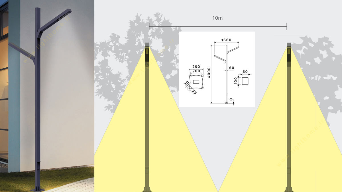 چراغ خیابانی دو شاخه 2x60 وات 4 متر شعاع مدل SH-S642