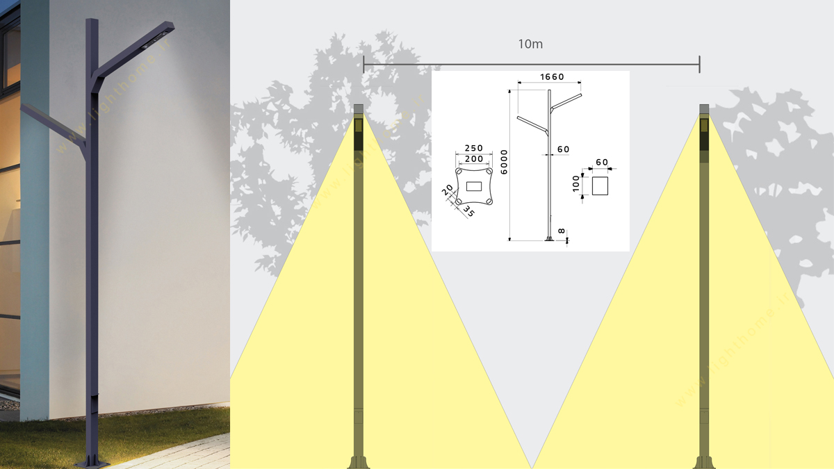 چراغ خیابانی دو شاخه 2x60 وات 6 متر شعاع مدل SH-S662
