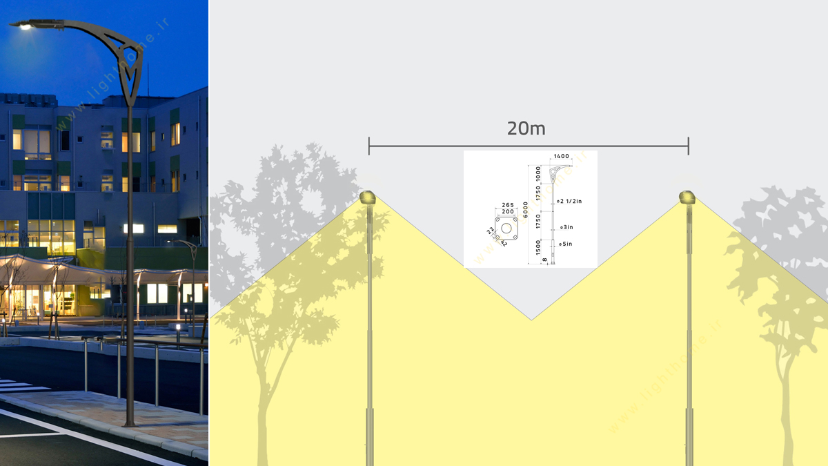 پایه چراغ خیابانی تک شاخه 6 متر شعاع مدل SH-AR9761